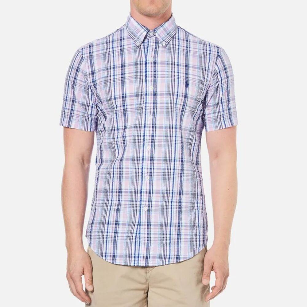 RALPH LAUREN | Blue & Pink Seersucker Check Short Sleeve Button Down Shirt